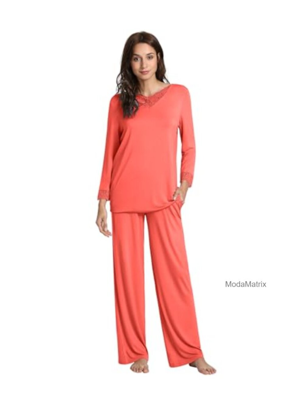 Bamboo Viscose Pajama Set for Women, Long Sleeve Lace Trim, Pockets, S-4X
